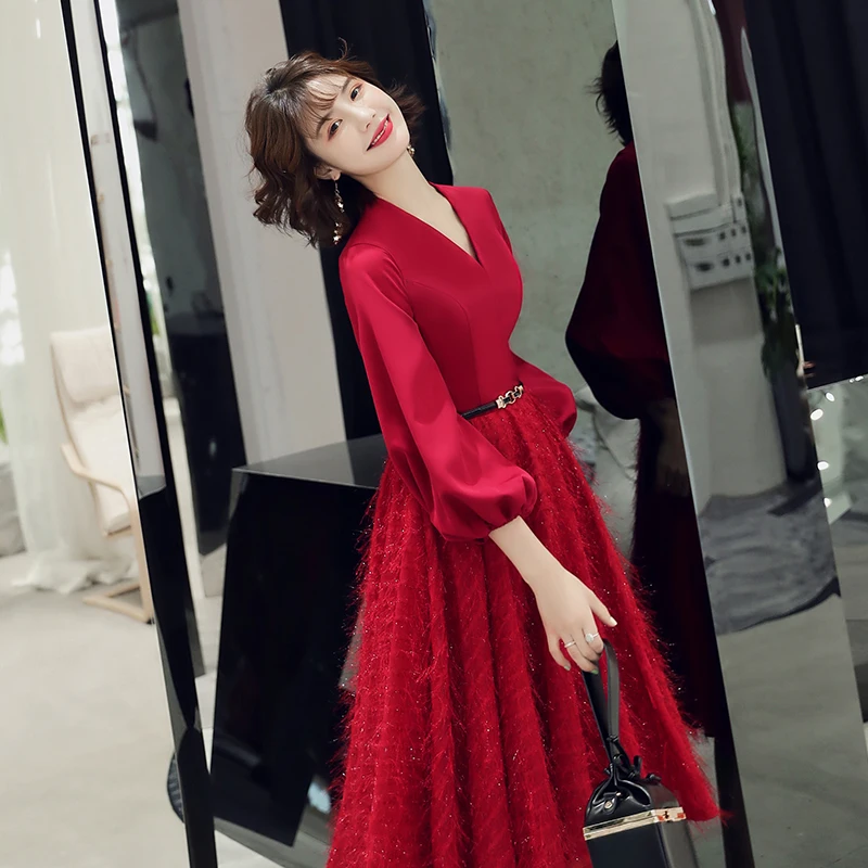 wei yin Robe De Soiree Lace Sexy V-neck Long Evening Dresses 2020 Bride Banquet Elegant Tea-length Party Prom Dress WY1695 | Свадьбы и