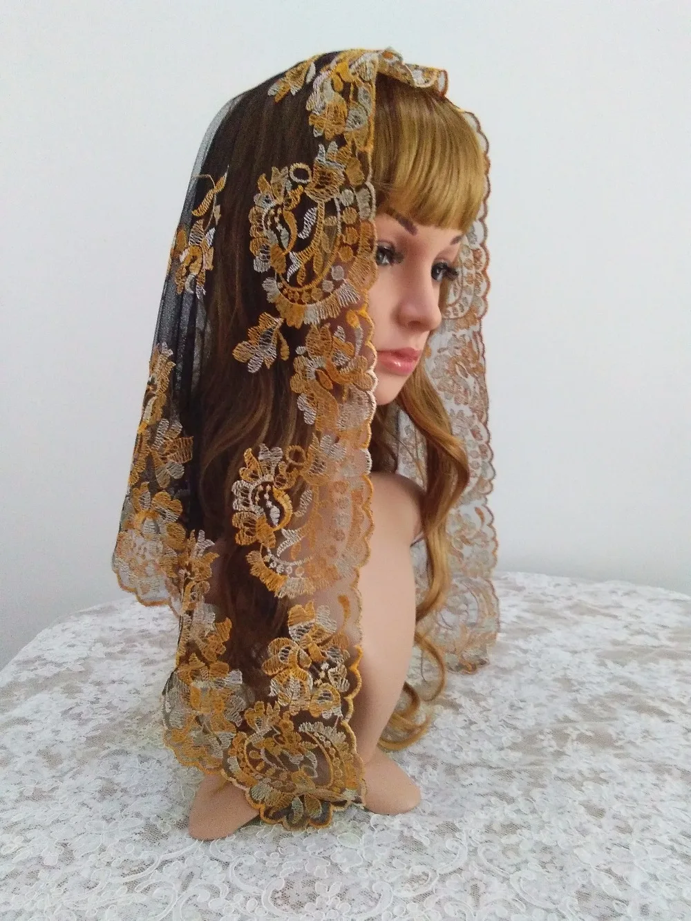 

Color on Black Spanish Lace Mantilla Veil ,Catholic Chapel Lace Veil Mantilla ,Wedding Lace Veil