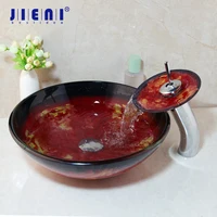 JIENI Red Marble Vein Double Layer Tempered Glass Vessel Sink Bathroom Waterfall Faucet Basin Sink Set Necessary Accessories