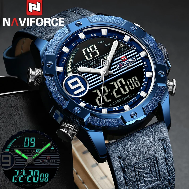 NAVIFORCE, цифровые часы для мужчин, лучший бренд, Роскошные спортивные наручные часы, военные, синие, натуральная кожа, мужские часы, Relogio Masculino 9146