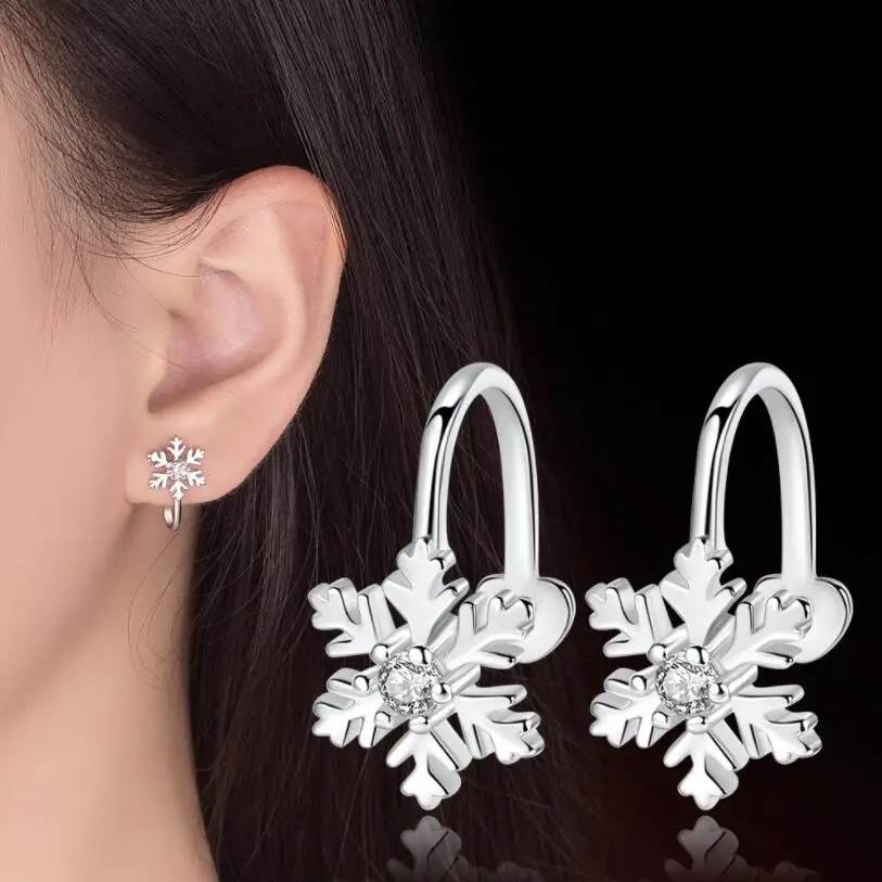 

Crystal Snow Flower Stud Earrings for Women Brincos Ear clip Lovely Zircon Silver Jewelry Exquisite Simlated Free Shipping