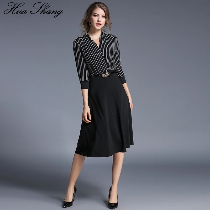 2017 осеннее женское платье в полоску с v образным вырезом рукав три четверти