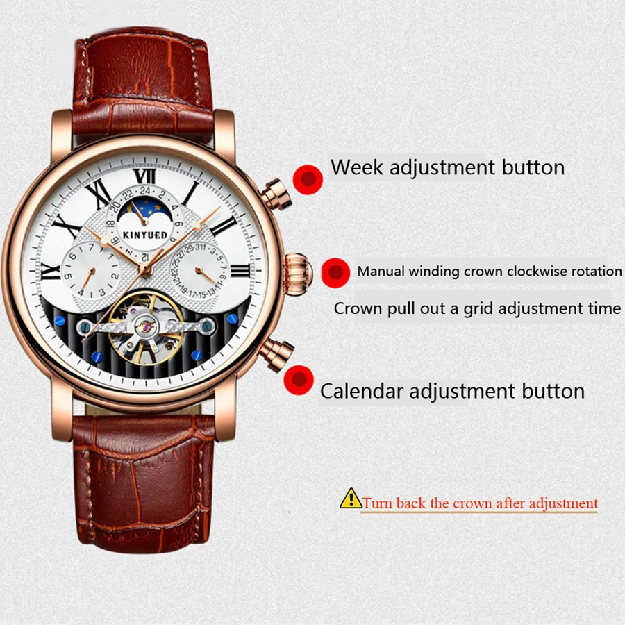 

KINYUED Moon Phase Top Brand Mens Mechanical Watches Automatic Tourbillon Skeleton Watch Men Calendar Relogio Masculino dropship