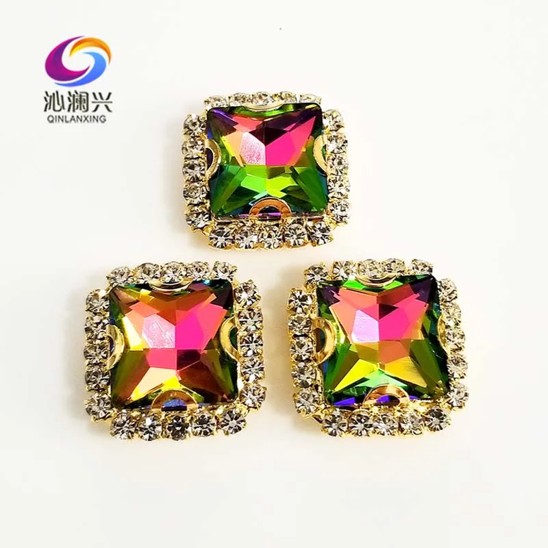 

Golden bottom Seven color square shape top Crystal glass buckle, sew on rhinestones use for Diy/jewelry accessories SQKG23