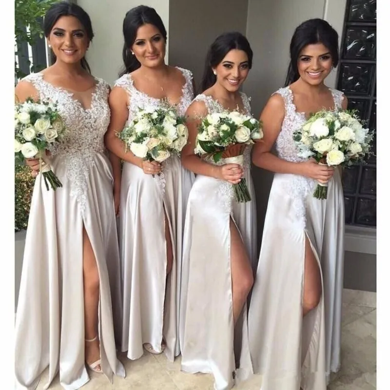 

Elegant Bridesmaid Dresses Side Split Satin Maid of Honor Gowns Wedding Guests Party Wear Plus size
