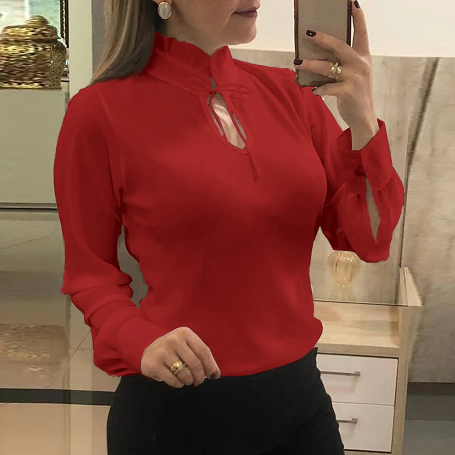 Женская шифоновая блузка с длинным рукавом воротником стойкой| |
