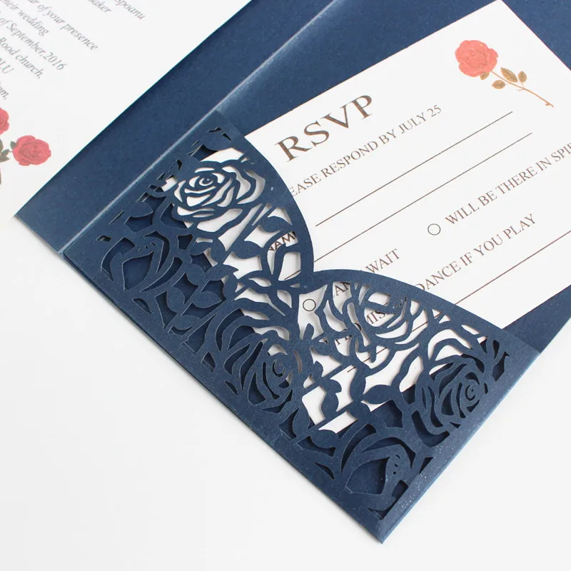 Элегантные карманные приглашения в три раза темно синие лазерные вырезы