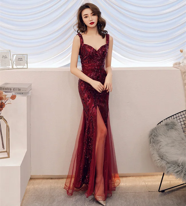 Burgundy Beauty Emily Сексуальные вечерние платья бордового цвета на бретельках с v-образным вырезом, вечерние платья из плиссированного тюля с блестками и бусинами, платья для выпускного вечера с открытой спиной и разрезом - Цвет: Burgundy