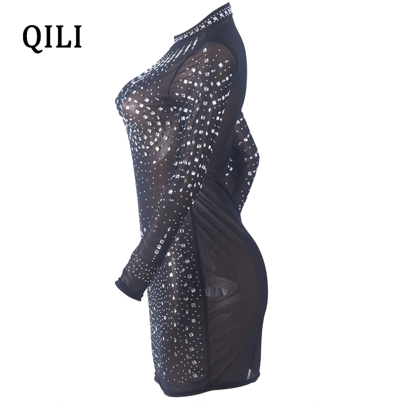 QILI, Сетчатое платье с бриллиантами, стразы, для женщин, со стоячим воротником, с длинным рукавом, мини, облегающее платье, сексуальные, вечерние, Клубное платье, черное, хаки