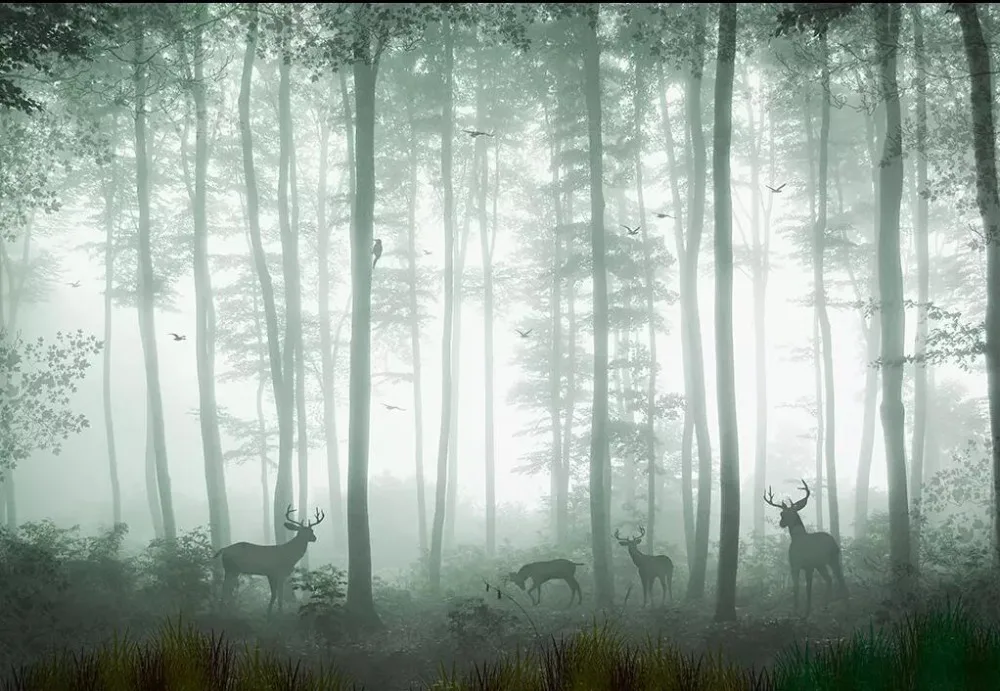 Beibehang Обои фреска dreamy woods sika deer гостиная спальня фон стены туман лес ТВ фон Фреска 3d обои