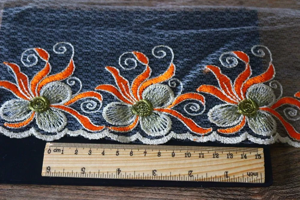 5 ярдов/партия ширина 8 см белый фон с одной стороны оранжевые цветы кружевная