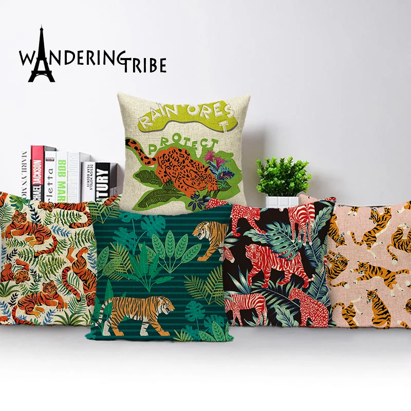 Зеленые декоративные подушки диван тигр животное наволочка 45*45 джунгли