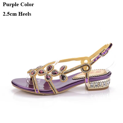 Purple Color Летние босоножки со стразами на низком каблуке с открытым носком; цвет золотой, черный; коллекция года; женская обувь; Свадебные вечерние туфли с цветком из страз - Цвет: Purple Color
