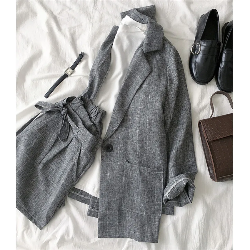 

New Summer Two Piece Big Size Women Plaid Blazer + Shorts Formal Suits Loose Lady Midi Long Blazers Thin Sun Protection Coat 818