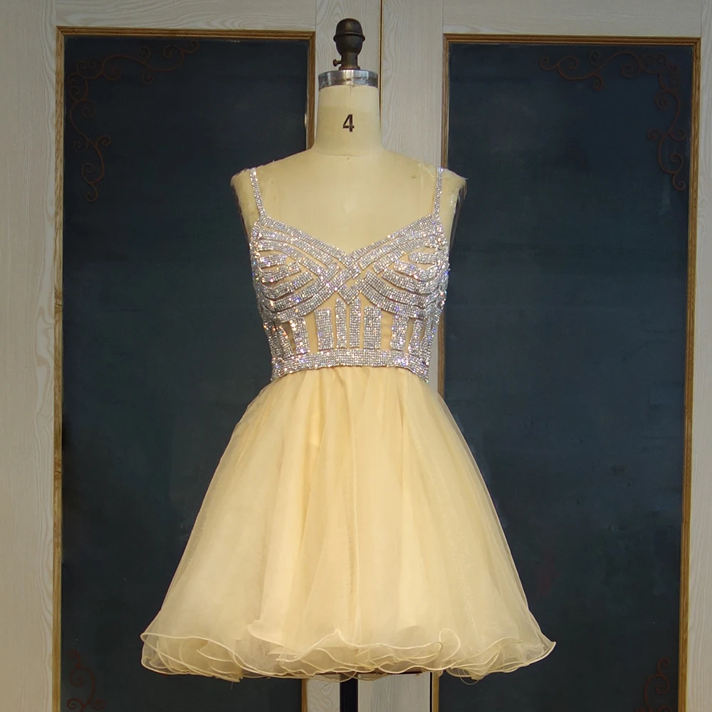 

Real Photo Yellow Short Prom Dresses 2019 Diamond Crystal Party Dresses Spaghetti Straps Tulle Prom vestido de festa