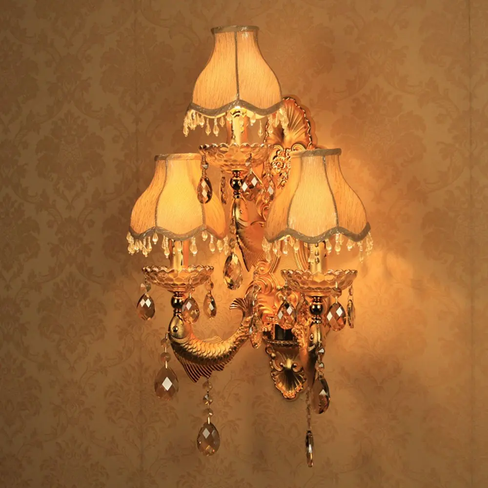 Crystal Corridor Wall Lights European Golden Carved Alloy Fish Bedroom Bedsides Sconces Candle Style Living Room Light | Лампы и