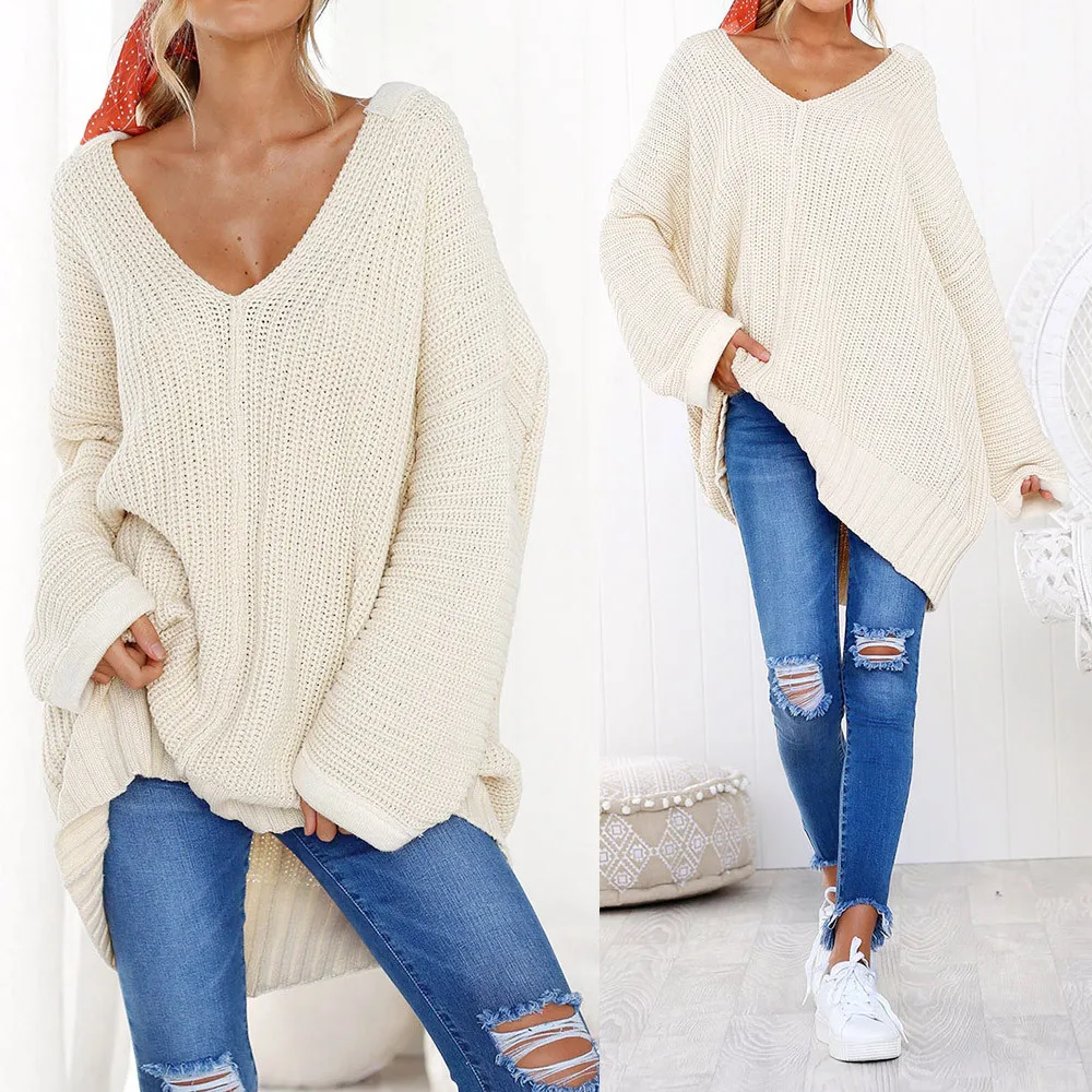 JAYCOSIN Hot Fashion Womens Solid Color Casual Long Sleeve V-Neck Jumper Sweaters Blouse Tops High Quality Sweater New | Женская одежда