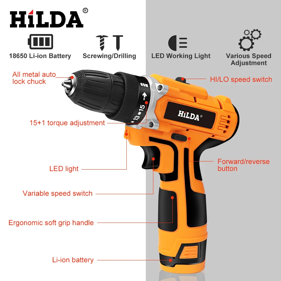 Электрическая дрель HILDA 12 В с перезаряжаемой литиевой батареей электрическая