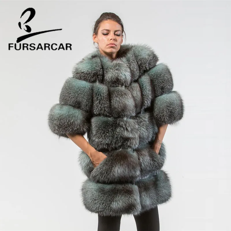 FURSARCAR модное пальто из натурального Лисьего меха для женщин с круглым вырезом 80 см длинная роскошная женская куртка из лисьего меха стиль шуба