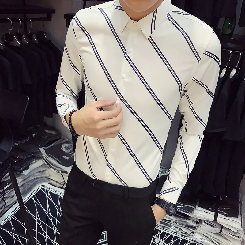 Полосатые рубашки мужские Повседневное корейский моды Camisa социальной Masculina