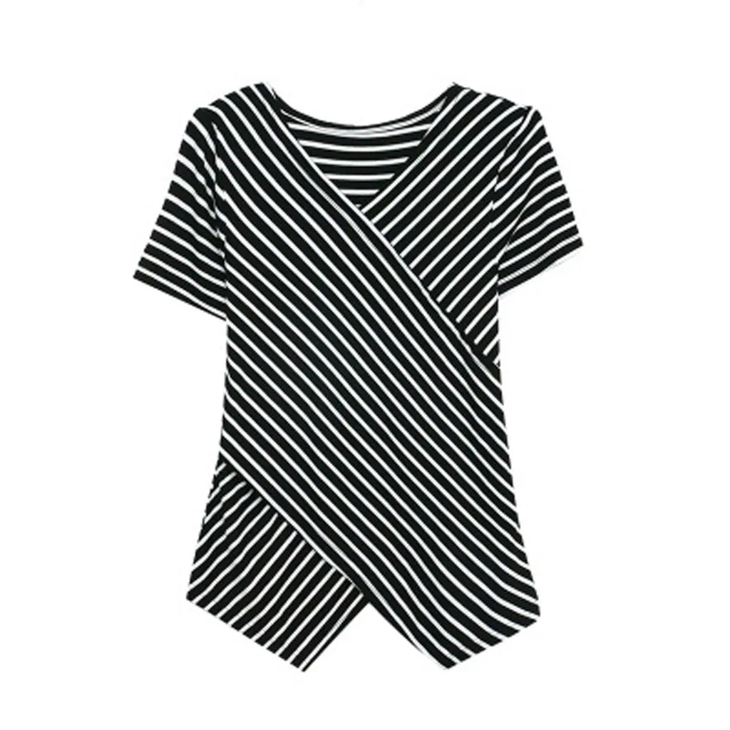 Casual shirt Women Fashion Ladies' Short Sleeved Lrregularity Shirt With V Neck Stripe blusas mujer de moda 2019 W328 | Женская