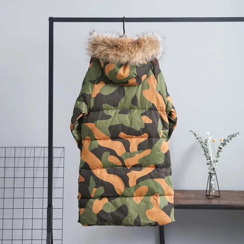 Winter British style good quality Camouflage real duck down coat female fur collar hooded long thicker warm wq717 | Женская одежда