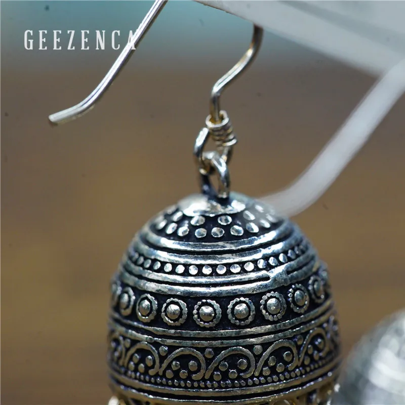 GEEZENCA 925 Sterling Silver Earrings for Women Indian Small Bells Beads Drop Earrings Ethnic Vintage Jewelry Party Gift