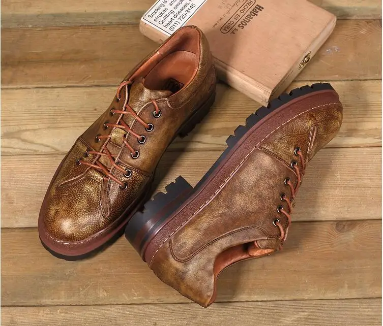 Slip-On Men Shoes Round Toes Male Mocassin Homme Dress Genuine Leather Vintage Oxford Smart Casual Retro Height Increasing | Обувь
