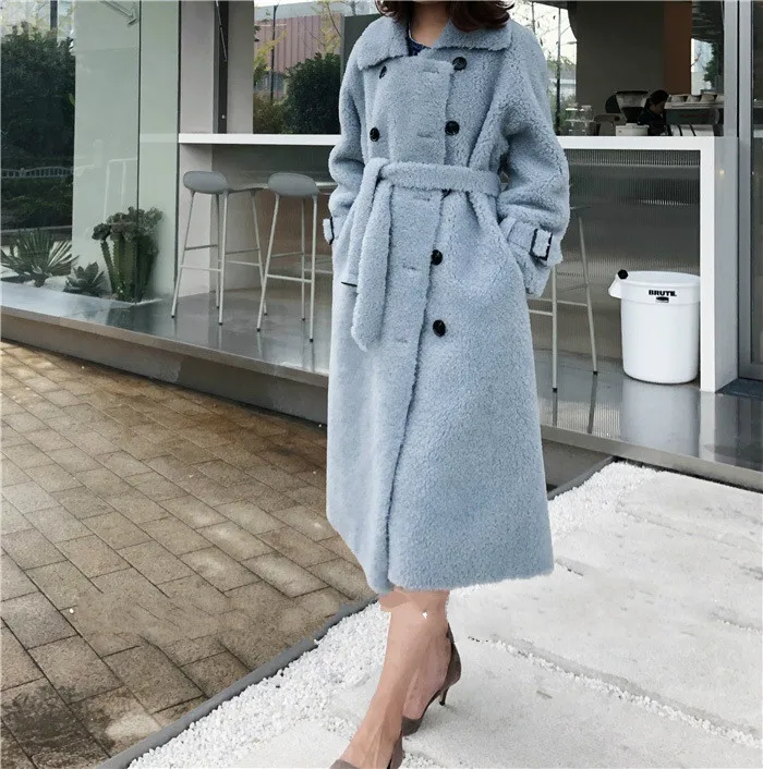 Light Blue Женское пальто из натурального меха ягненка, зимняя куртка, женское теплое шерстяное пальто в Корейском стиле, длинное пальто Abrigos Mujer Invierno BL-628 YY532 - Цвет: Light Blue