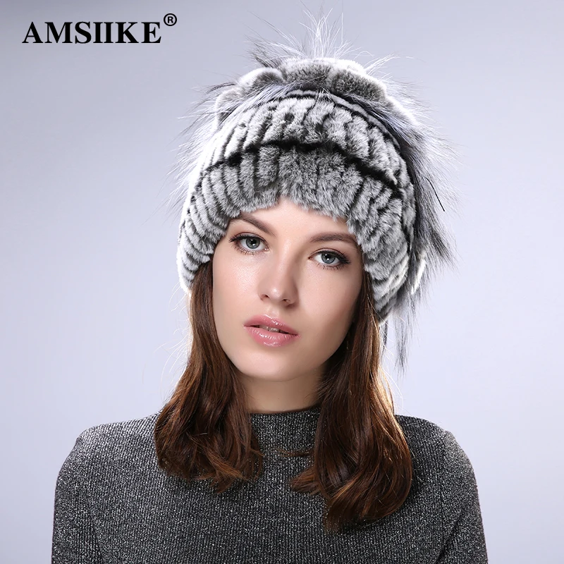 AMSIIKE Меховая шапка из Бобра с Бубоном Чернобурки TM712|winter woman cap|womens fashion capknit beanie hat |