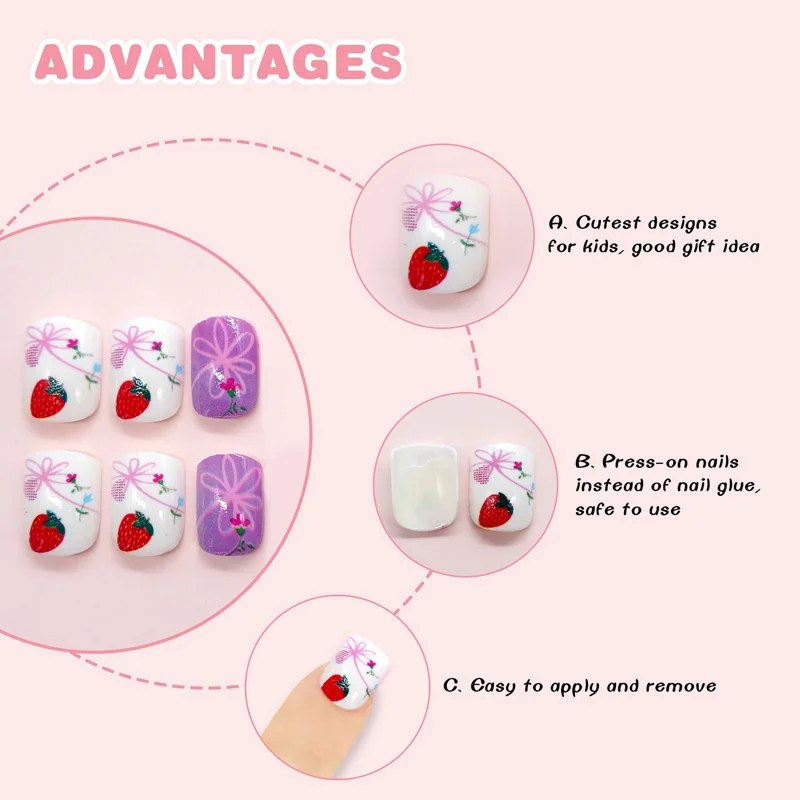 24pcs 15 Designs Short Head Cute Bear Strawberry Heart Fake Nails Press on Children Candy False Nail Tips Manicure Beauty Tools | Красота и