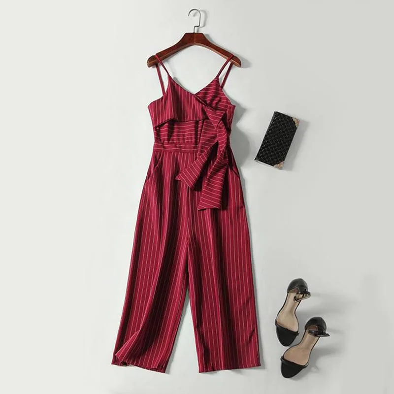 Queenus Для женщин комбинезон свободные Хлопковые смеси в полоску плиссированные