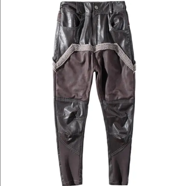 2020 winter women's new suede wash leather stitching harem pants trousers feet pants leather pants tide