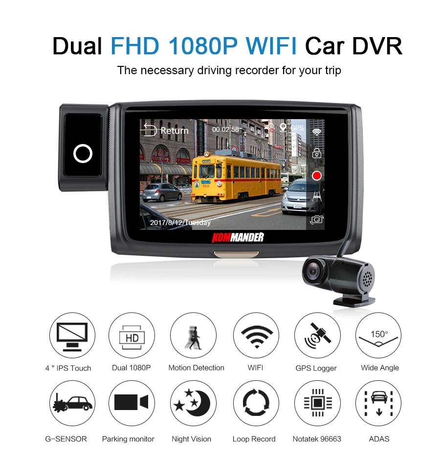 KOMMANDER " ips Wi-Fi видеорегистраторы для автомобилей Камера dual FHD 1080 P Novatek NT96663 Sony290 Сенсор с ночным видением