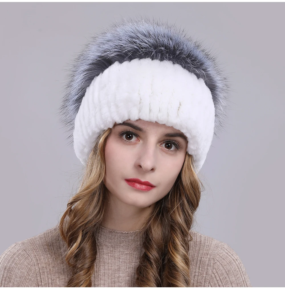 Outdoor Women Warm Soft Genuine Rex Rabbit Fur Hat Knitted Natural Real Sliver Fox Fur Caps Winter Real Rabbit Fur Beanies Hats