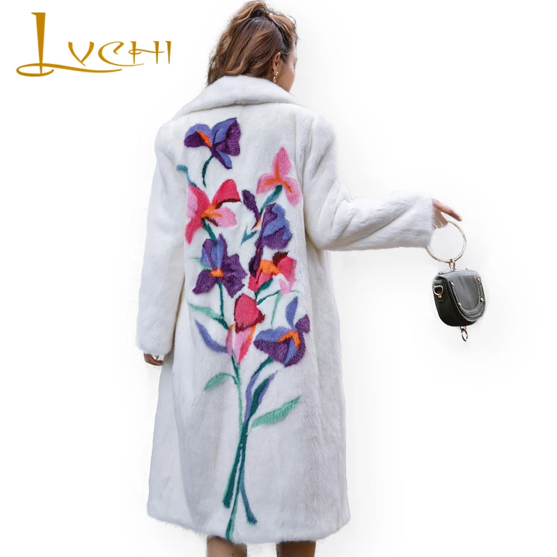 Beautiful Park with natural fur,Women long 3D floral real mink fur coat,2019 new Thick warm Women's coats,fashion white velvet