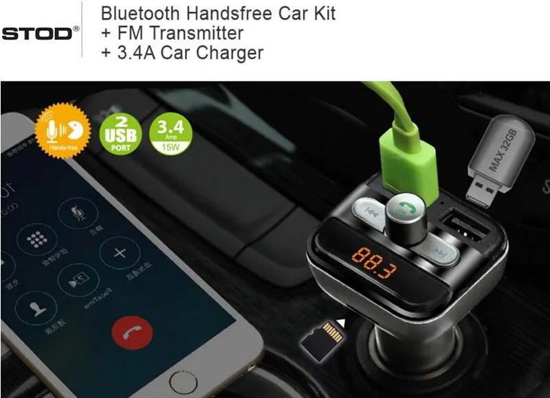 STOD автомобильное зарядное устройство 3.4A Bluetooth FM TF карта U диск MP3-плеер для iPhone 5 5S 6 6S 7 Plus iPad samsung lenovo zte huawei адаптер