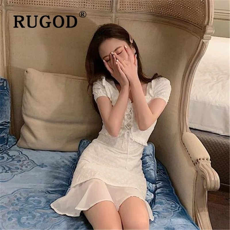Женское кружевное платье RUGOD белое ажурное в Корейском стиле с пышными рукавами