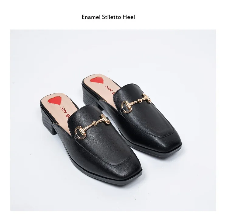 Summer Fashion Genuine Leather Mules Block Heels Shoes Woman Slipper Modis Black Casual Shoes Women Ladies Sliders Female