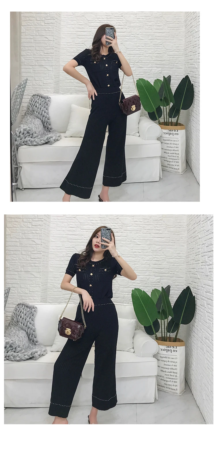 ALPHALMODA Модный трикотажный костюм из двух частей, женский летний костюм, новинка, пуловер с коротким рукавом, широкие брюки, повседневные комплекты