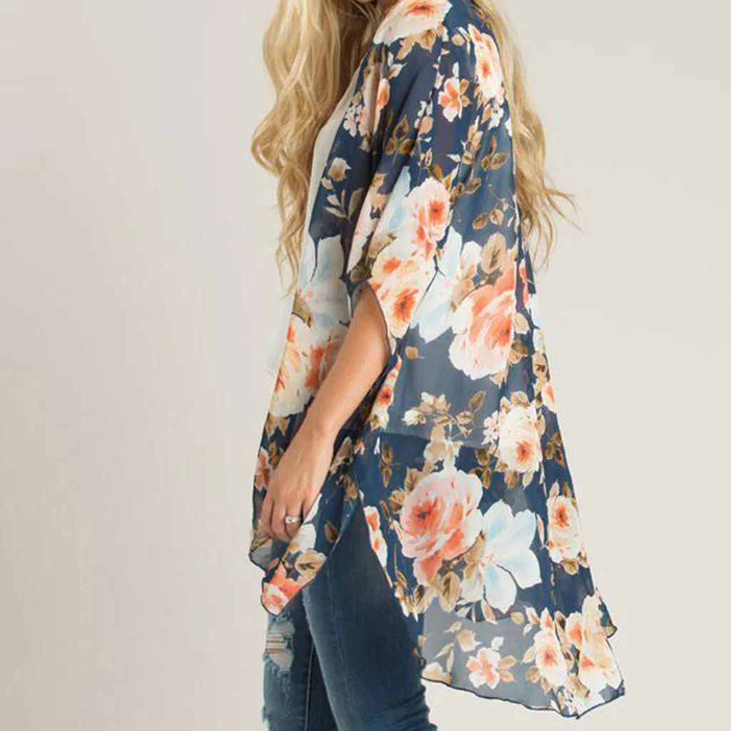 Женская шифоновая блузка с цветочным принтом Пляжное кимоно кардиган шаль