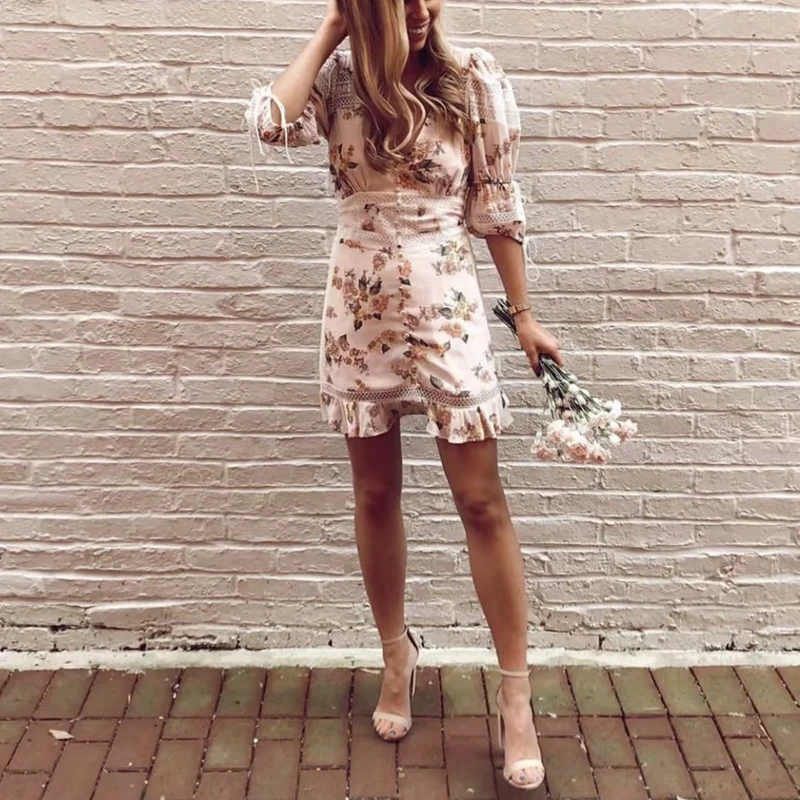 Женское винтажное кружевное платье Boho розовое элегантное мини с v образным