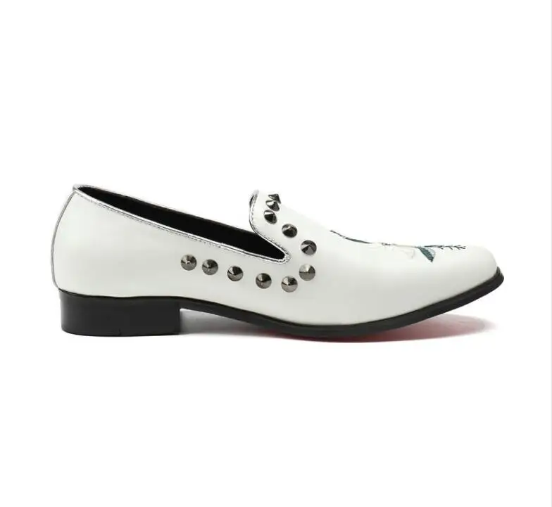 2018 New Genuine Leather Men Oxford Shoes rivets studded embroidery Casual Business shoes white Slip-on party office | Обувь
