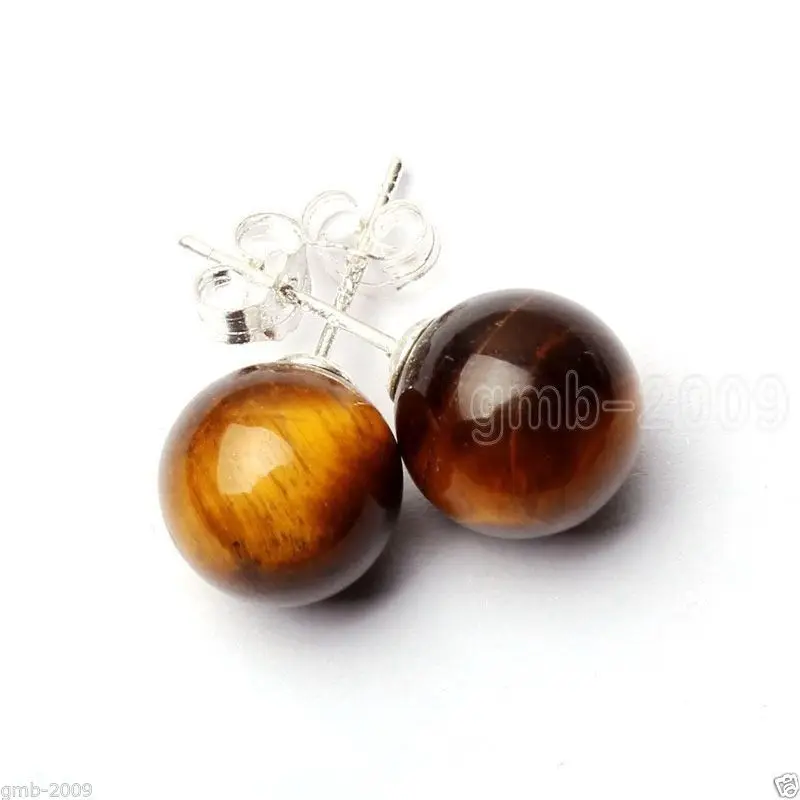 Модные новые серьги-гвоздики из натурального желтоватого тигрового глаза 10 мм