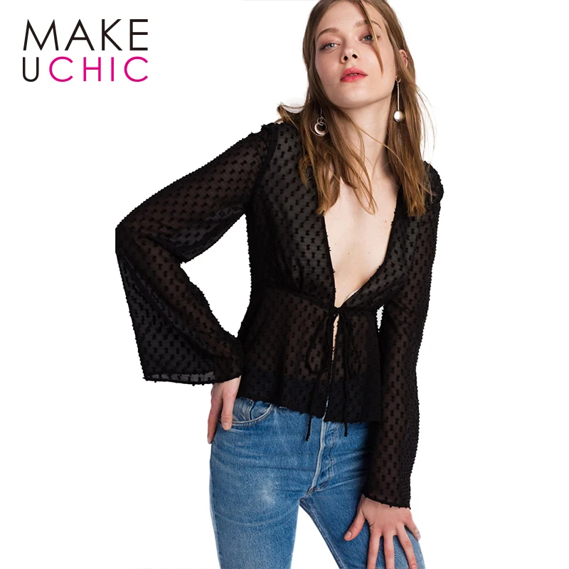 Makeuchic Лето 2017 г. сплошной черный глубокий v-образным вырезом Для женщин блузка