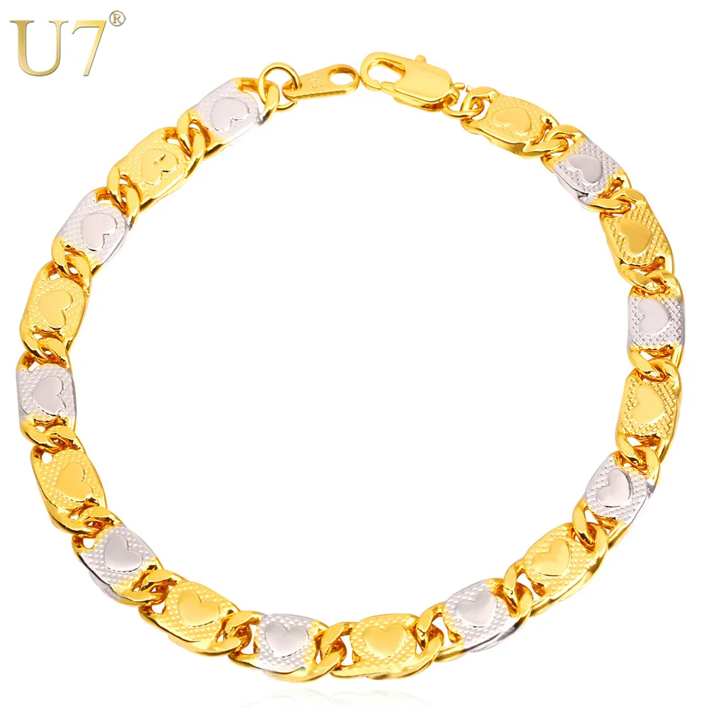 

U7 New Two Tone Men Chain Stamp Gold Color Bracelet Trendy Love Heart 21 CM Link Chain Bracelet Men Jewelry H827