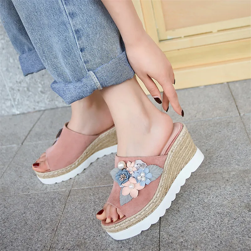 Женские туфли на танкетке FEDONAS летние повседневные из овчины с цветочным принтом