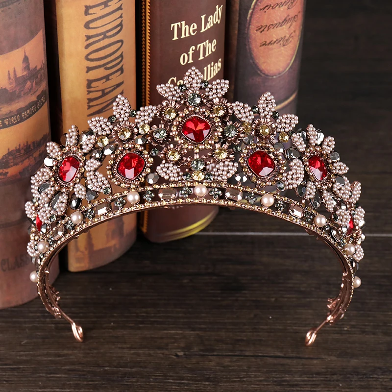 

Baroque Vintage Bronze Hair Jewelry Red Crystal Bridal Tiara And Crown Queen Princess Headband Diadem Wedding Hair Accessories