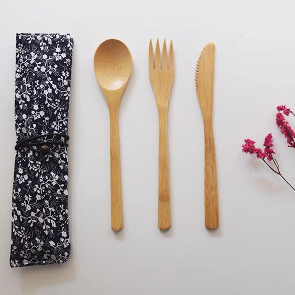 3 шт. Портативный Бамбуковый Западный набор столовых приборов с сумками в