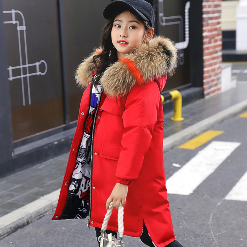 red colorful fur Детская куртка для мальчиков, длинное пальто с капюшоном и натуральным мехом, парка для больших детей 8, 10, 14 лет, для мальчиков-подростков-30 лет, модное зимнее пальто для русской зимы, двойная одежда - Цвет: red colorful fur